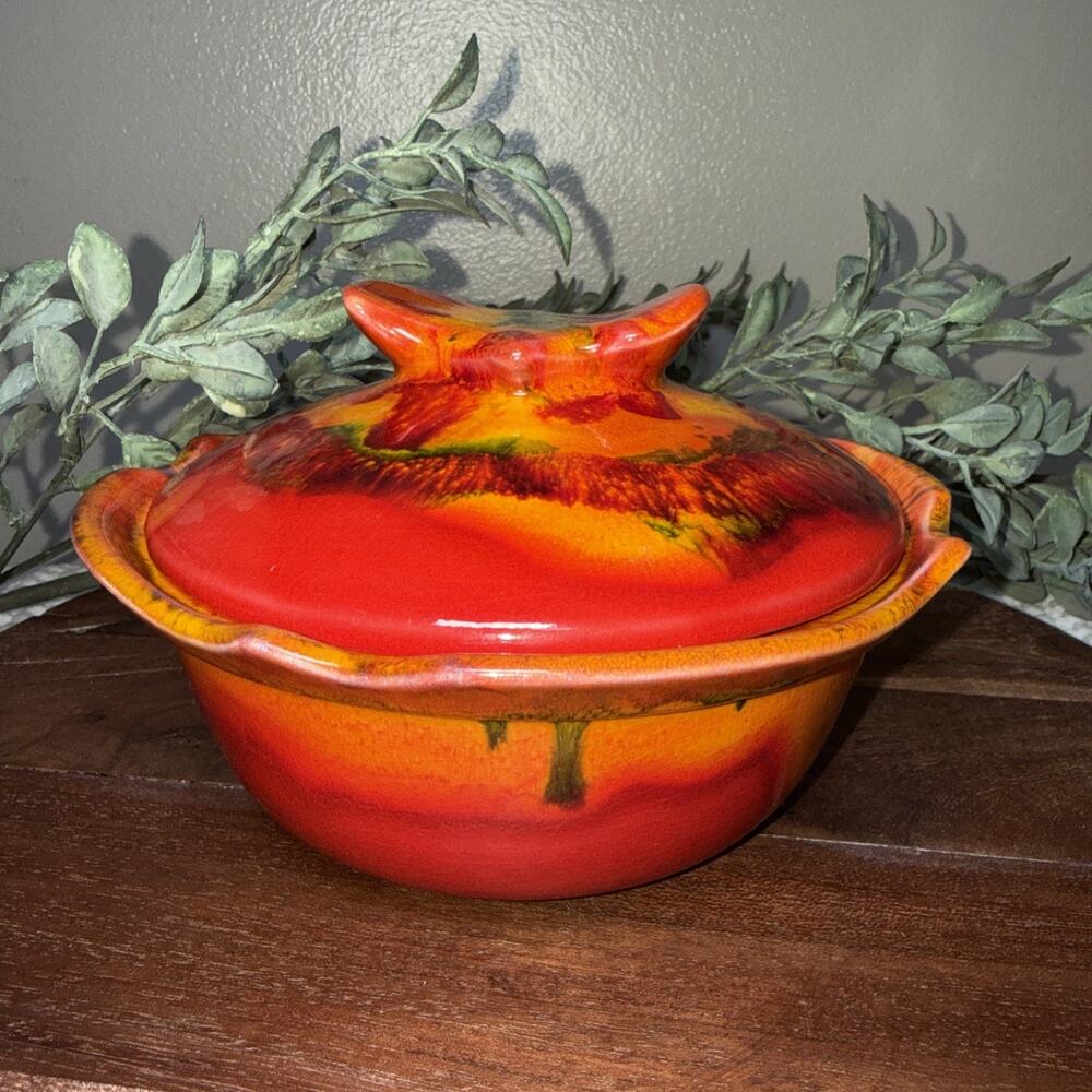 VTG Maurice of California RF60 Covered Casserole Dish Red Drip Glaze MCM USA